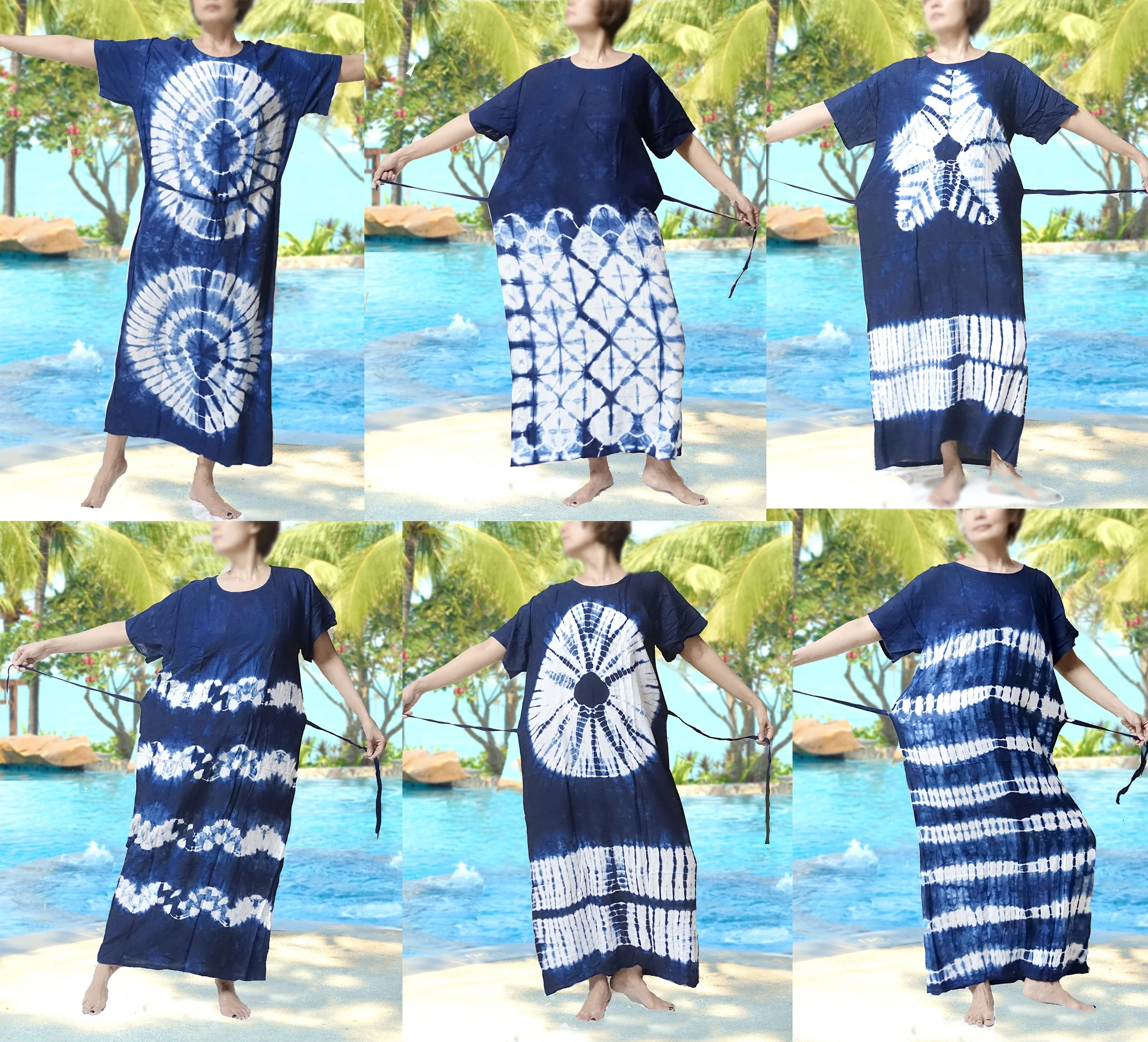 Indigo blue tie dye handmade retro thai style HIPPIE BOHO  kimono kaftan maxi dress
