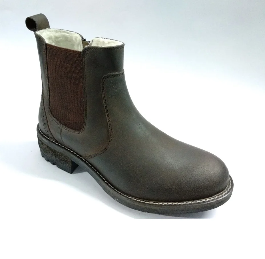 LADIES BIKER CHELSEA BROWN LEATHER BOOTS -COW OIL-PULL-UP LEATHER -FUR INSIDE ON TPR SOLE