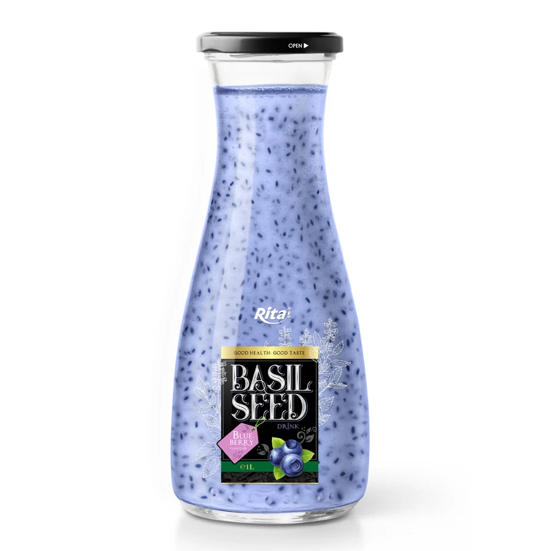 Sweet 1L Glass bottle Mix Fruit Flavor Basil Seed Drink Supplier Private Label Add Water Jus Cool Seed Beverage