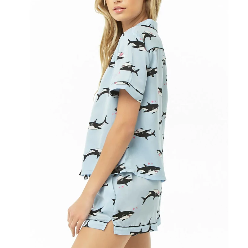 MGOO Customized Shark Graphic Pajama For Women Allover Print Short Casual Sleepwear Satin Nightwear With Piped Trim