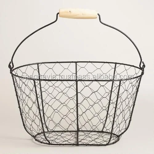 Wire Basket Kitchen Decorative Wood Handle Metal Wire Black Color Oval Shape Storage Basket Styles Design Iron Fruit Basket