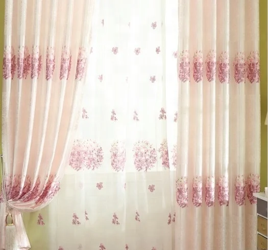 Top Elegant bedroom, dinning room use pink floral embroidery lace curtain