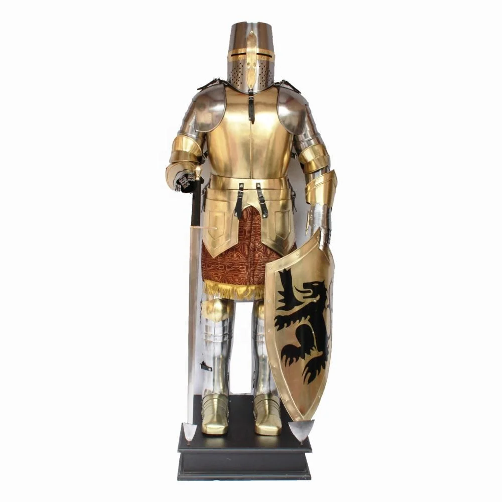 Metal Steel Brass Medieval Old age Ancient Armour Suit with Sword and Shield with Wooden Base and Steel Frame