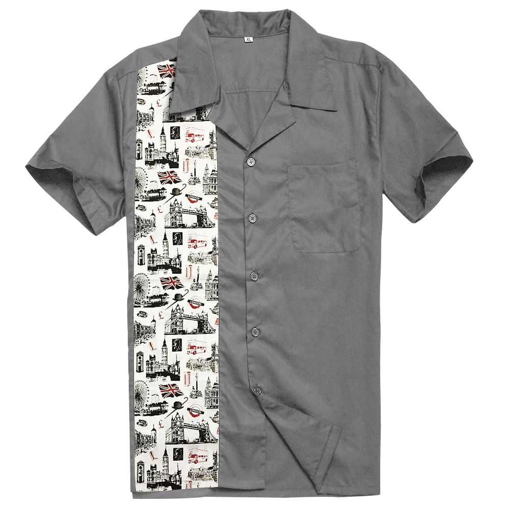 Retro Vintage 70s Gray Button Collar Bowling Shirt With London Landscape Printed Panel