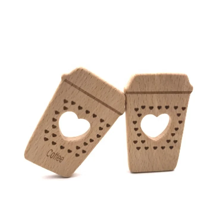 High Good Quality Funny Coffee Cup Shape Wooden Teether Beech Wood cup Teether for Baby