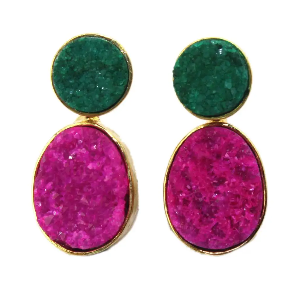Most elegant collection natural green & pink druzy earring 24K gold plated collet setting earring handmade drop hanging dangling