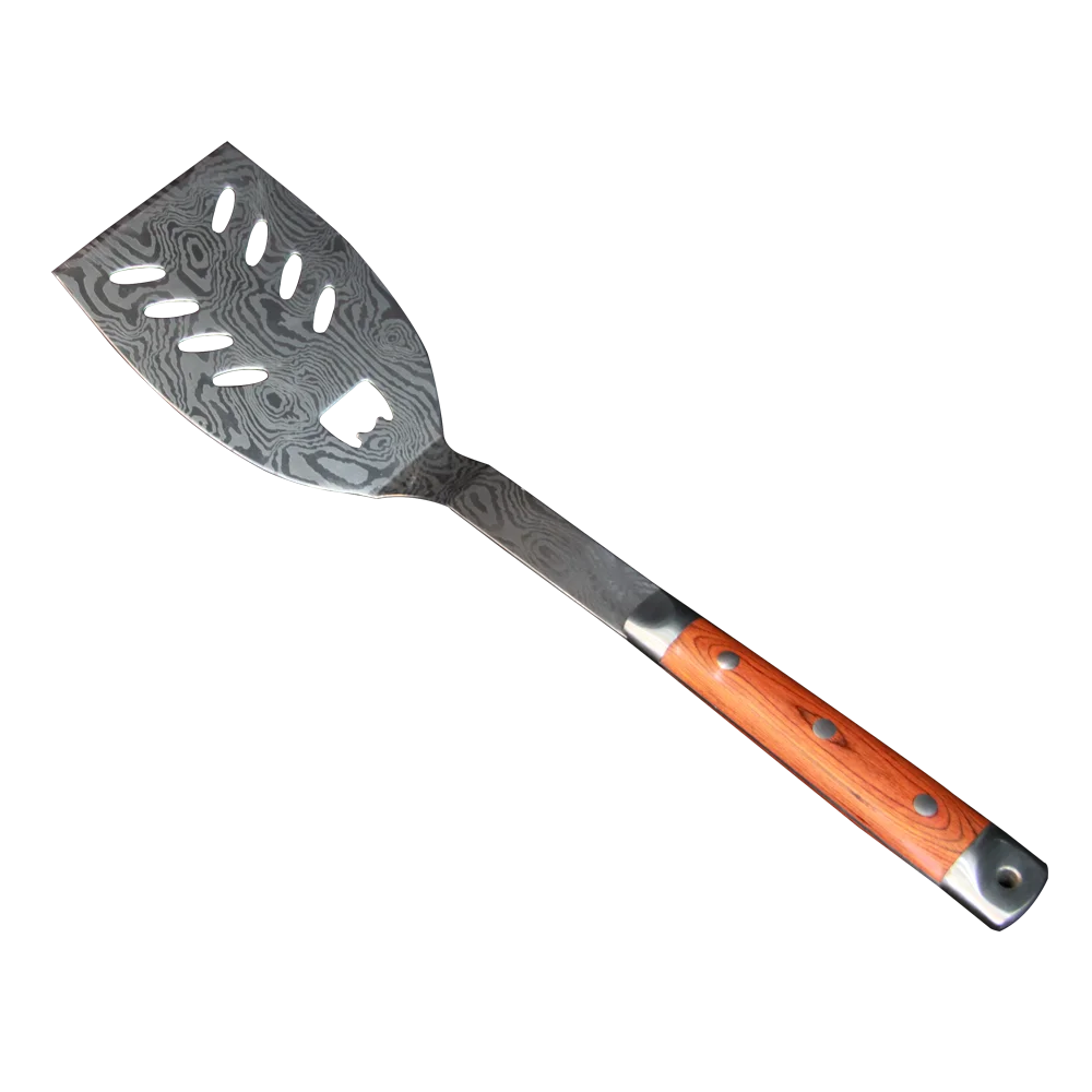 Outdoor Camping 3 Piece BBQ Grilling Tools Set with Damascus Pattern Stainless Steel pattern Spatula Tongs Fork pakka wood