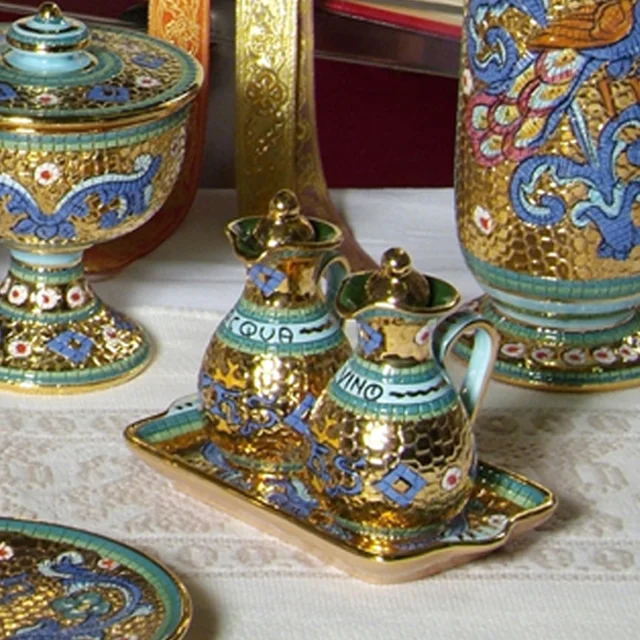 Ceramic church cruet set hand painted with pure gold hand made in Italy mosaic design catholic item