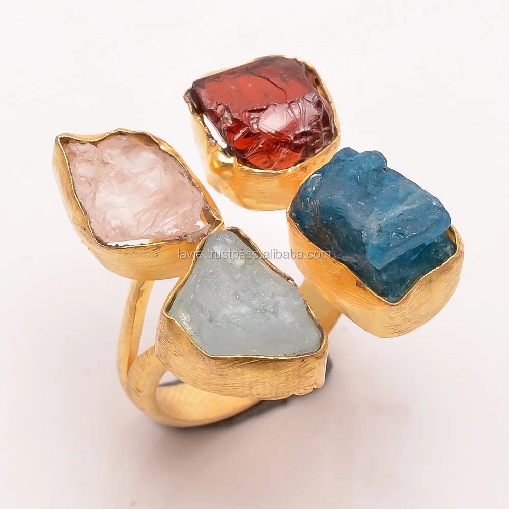 Raw Gemstone Brass Ring, Gold Vermeil Jewelry