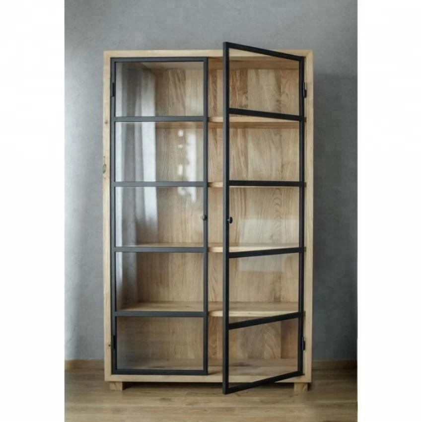 Industrial & vintage solid mango distressed wood & iron metal 2 glass door tall display storage cabinet