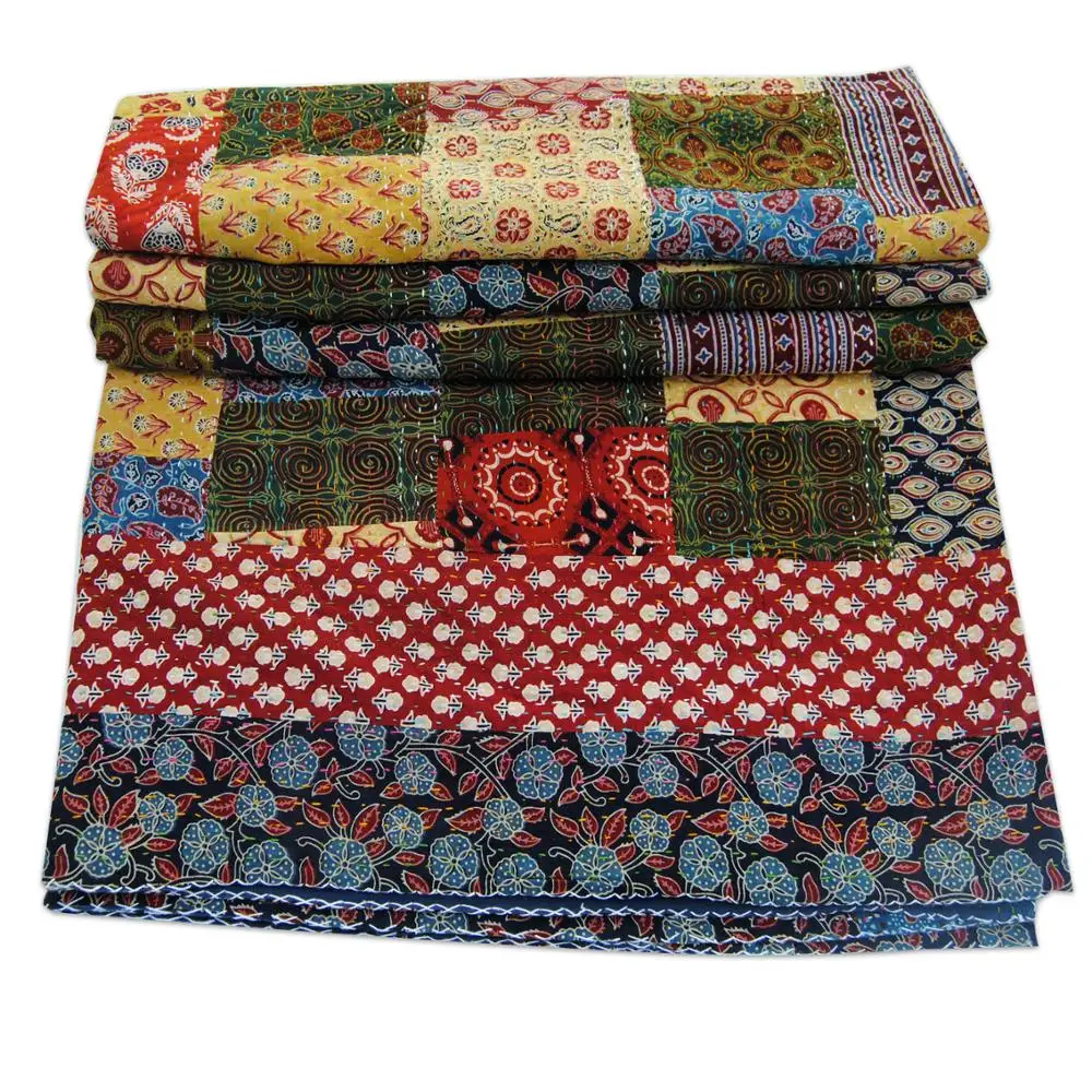 Patchwork Quilt Hand Block Print Kantha Cotton Multi Color Gidari Indian New Print Durable Light Weight Bedspread Wholesale