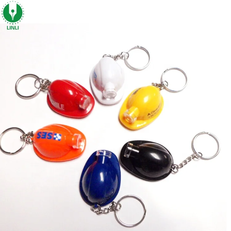 Giveaways Custom Logo Mini Plastic Light Up Led Helmet Keychain, Safety LED Flashlight Hat Keyring