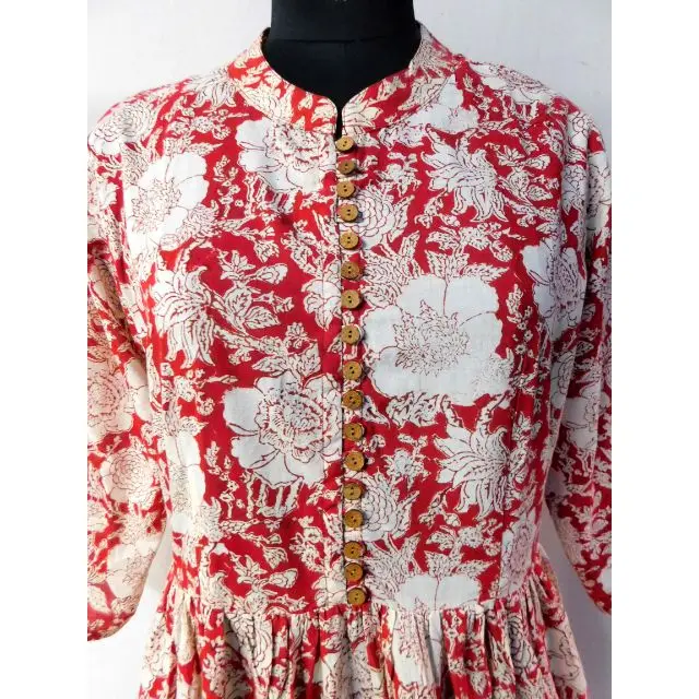 Hand block printed women long dress beach wear party dress up front slit close button 100% cotton handmade sewing summer