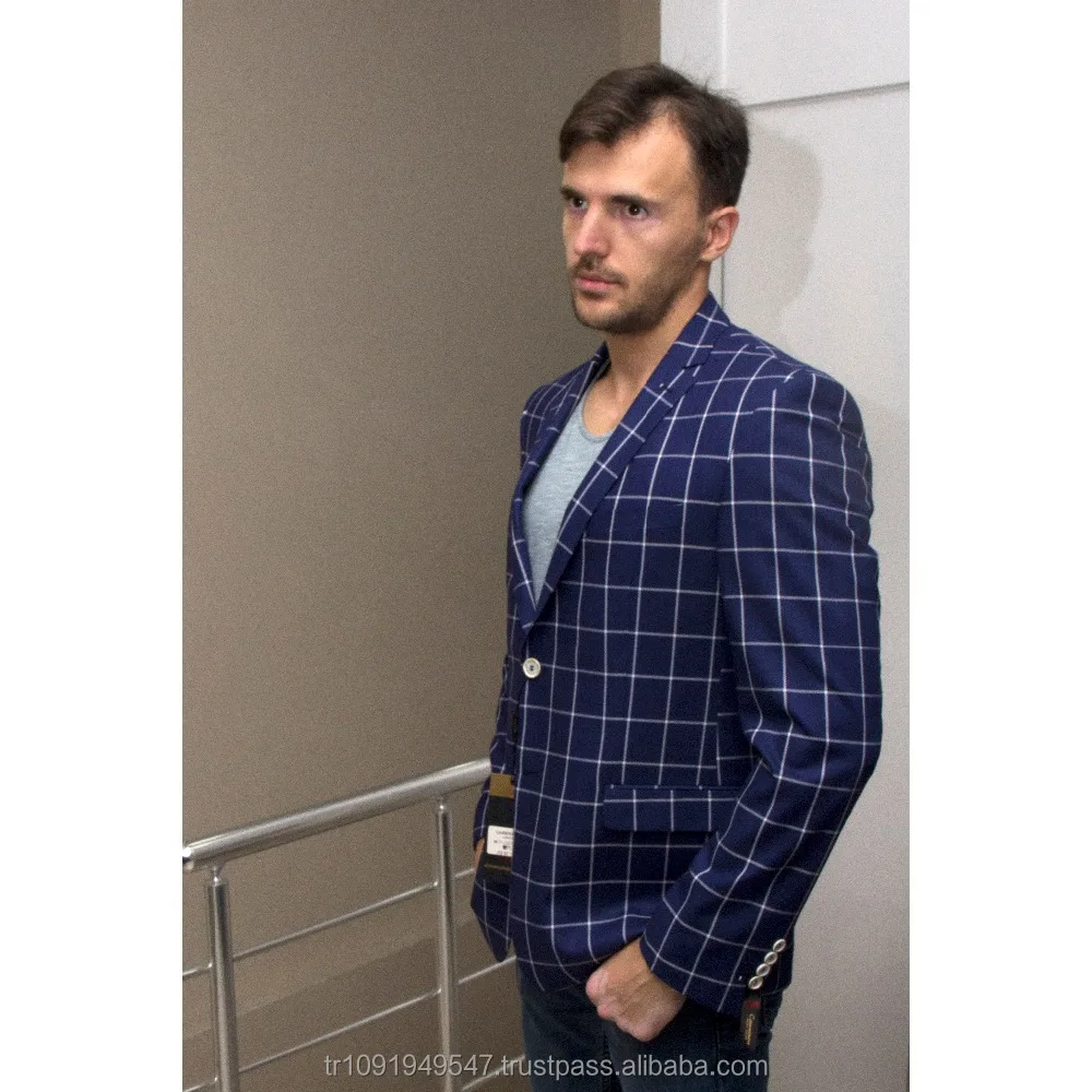 Plaid Casual Men Blazer Jacket Dark Blue Italian Style The Newest Model Latest Style Turkey