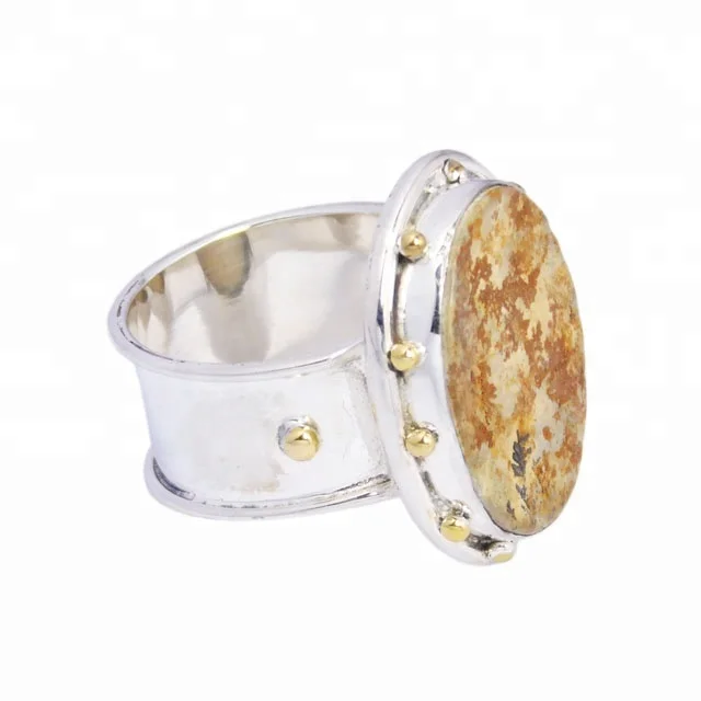 Popular Two Tone Leaf Jasper Ring Bulk Wholesale Ring Solid 925 Sterling Silver Eternity Vermeil Rings For Her