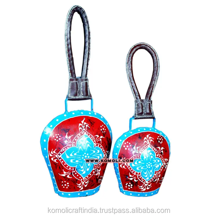 Blue and red metal leather handle cow bell wholesale cow bells custom cowbells metal crafts