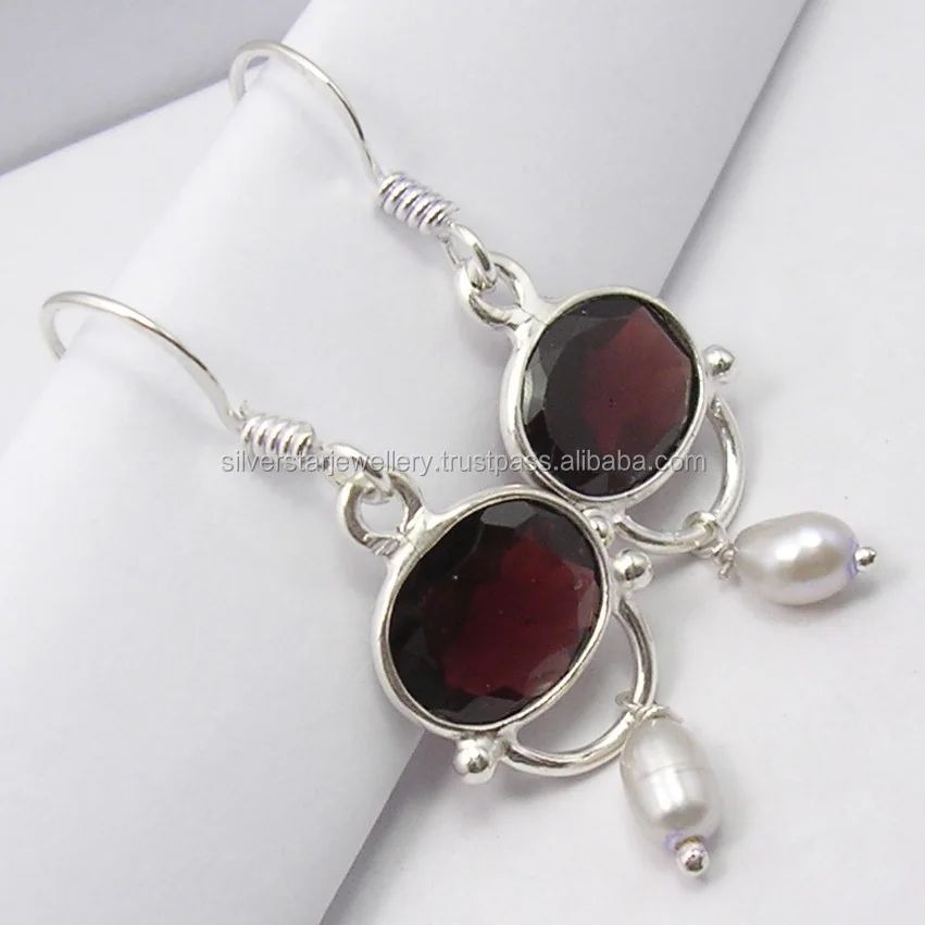 
Natural gemstone jewelry exclusive designs indian faceted oval red garnet dangle earrings 925 sterling silver 