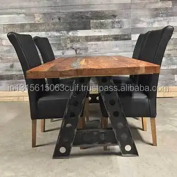 Thick-solid-recycled-wood-dining-table-on-Industrial-metal-legs Rustic-Furniture/Industrial A frame cast iron base table