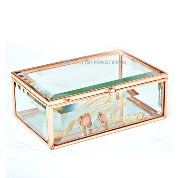 Decorative Jewelry Box and Copper Metal Clear Glass Organizers Storage Accent Wedding Bridal Party Gift 10x7x4 Inch