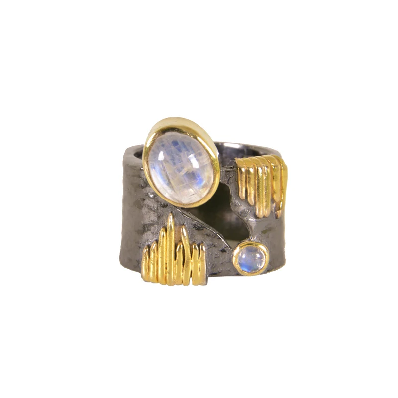 Wholesale Price Statement Gold Plated Jewelry 925 Sterling Silver Rainbow Moonstone with Black Rhodium Band Ring