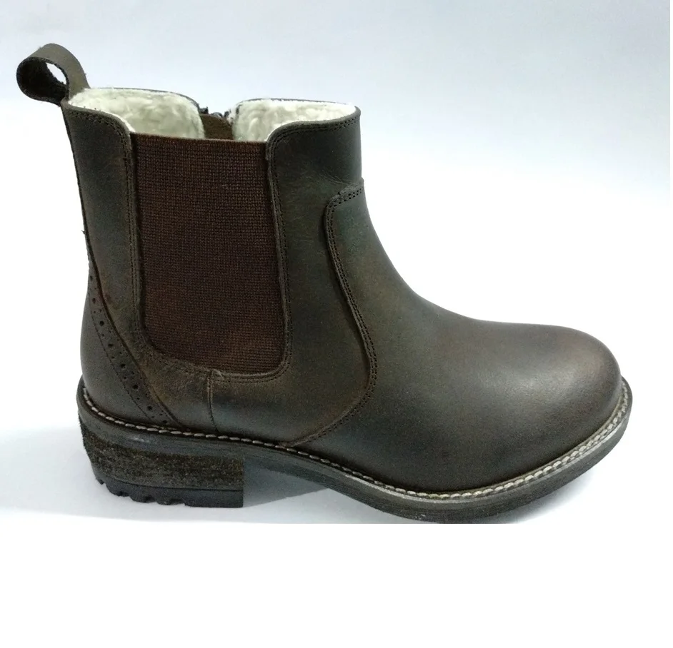 LADIES BIKER CHELSEA BROWN LEATHER BOOTS -COW OIL-PULL-UP LEATHER -FUR INSIDE ON TPR SOLE
