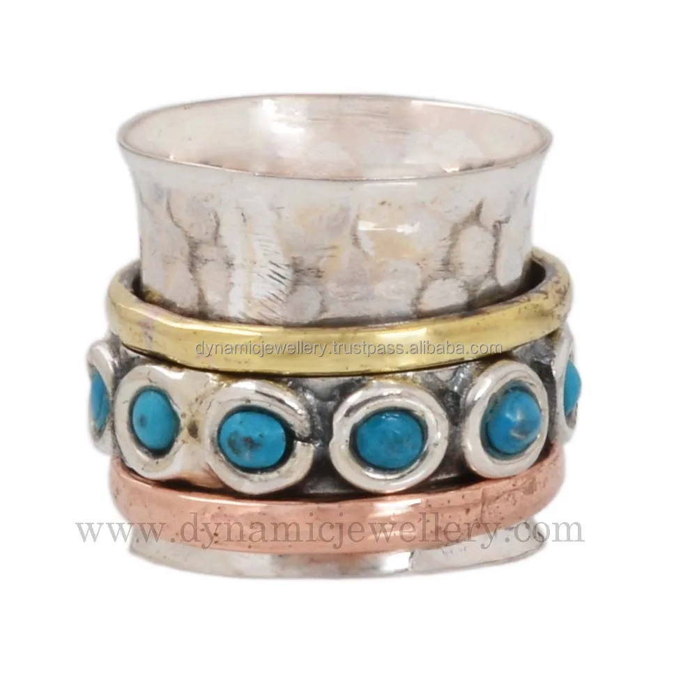 Handcrafted Turquoise 925 Silver Brass Copper Spinner Ring