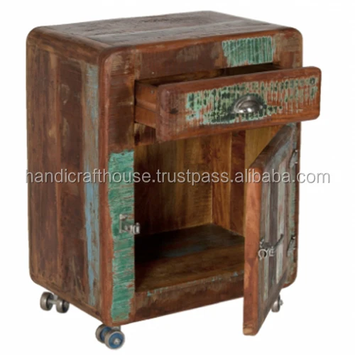 Industrial & vintage reclaimed wood Nightstand/Bedside Table with Wheels