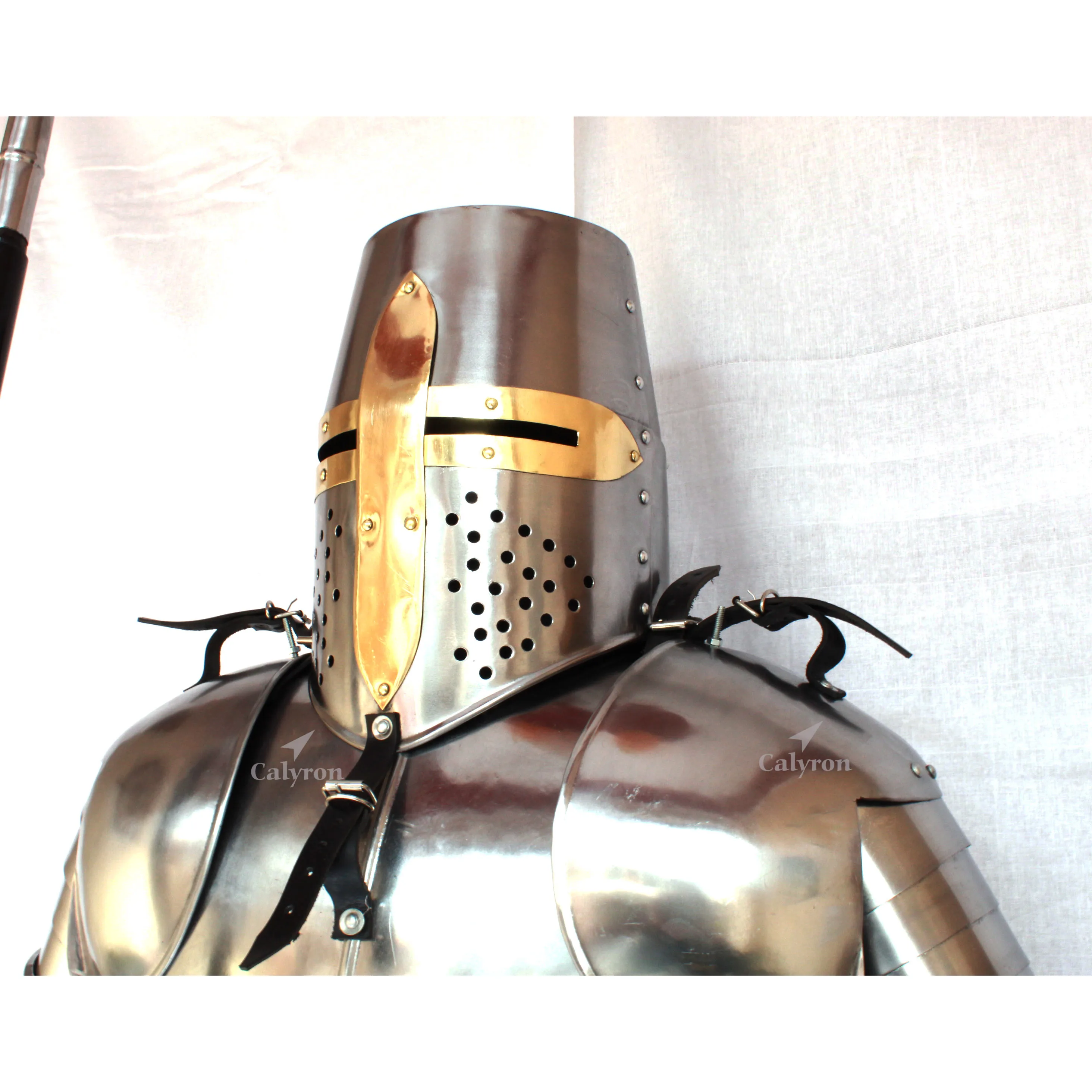 Metal Steel Medieval Old age Ancient Crusader Armour Suit with Sword and Shield with Wooden Base and Steel Frame