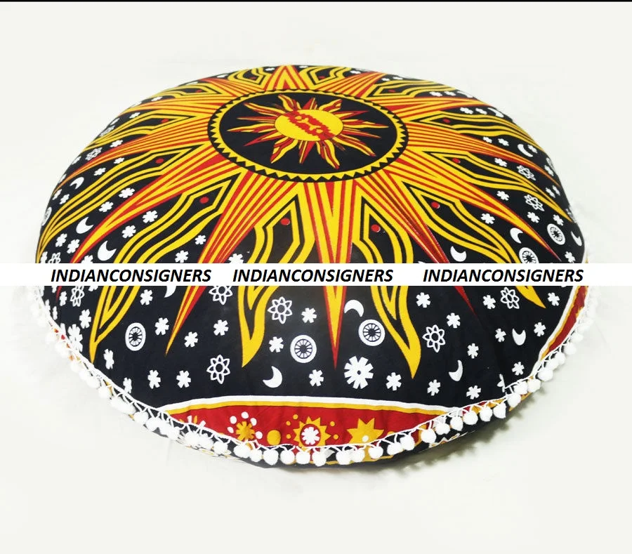 100% Cotton Mandala Style Ombre Burning Sun Pouffe Pillow Cover Woven Fabric Home Decor Floor Cushion Cover for Bed Bedding Use