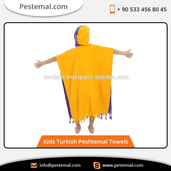 Cute Design High-Quality Turkish Luxury Bathrobe Poncho for Kids with Tassels Two-Colored Poncho with Pocket for Children %100 C