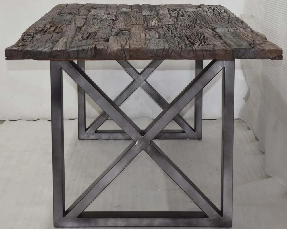 Reclaimed Railway Sleeper Wood Rough Surface Top Industrial Modern Style Iron X Legs Home Office Cafe Restaurant Dining Table
