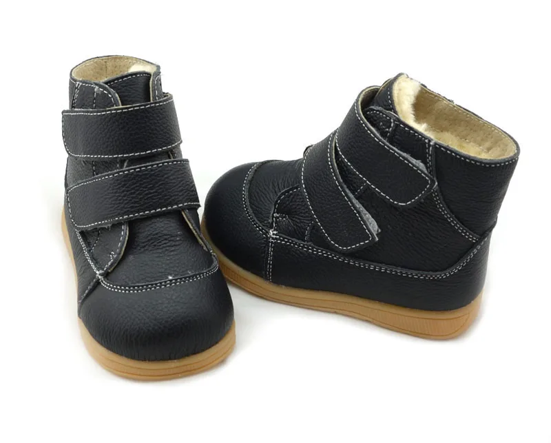 Black genuine leather Fur Lined Warm Outdoor Ankle Boots Shoes for Girls Boys