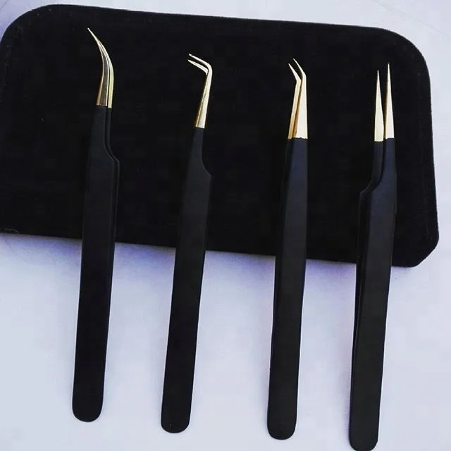 Matte Black Eyelash Tweezers Set Matte Black Gold Tip Classic Eyelash Extension Tweezers