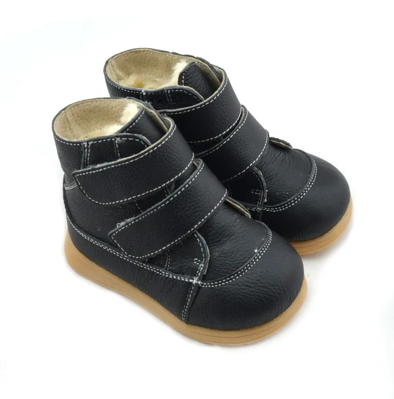 Black genuine leather Fur Lined Warm Outdoor Ankle Boots Shoes for Girls Boys