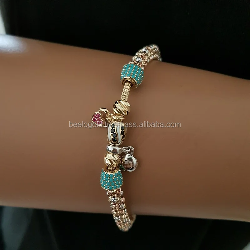 14K Solid Tri Color Real Gold Enamel Lovely Handmade Braided Bracelet Turkish Luxury Artisan Designer Fine Jewellery Beaded New