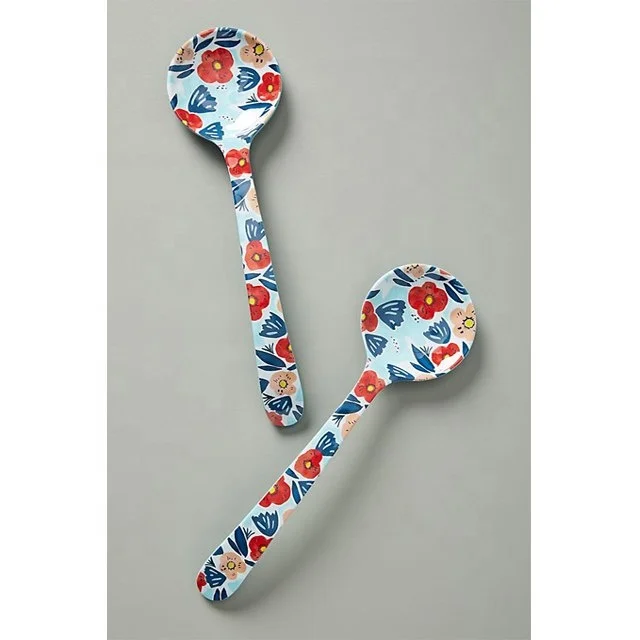 Floral Decal Stainless Steel Serving Spoon and Fork S/o 2