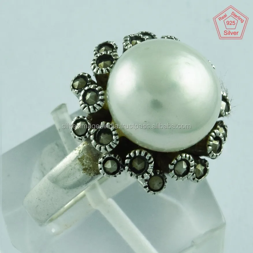 Designer 925 Sterling Silver Rings Wholesale Pearl & Marcasite Gemstone Jewellery 925 Stamped Rings