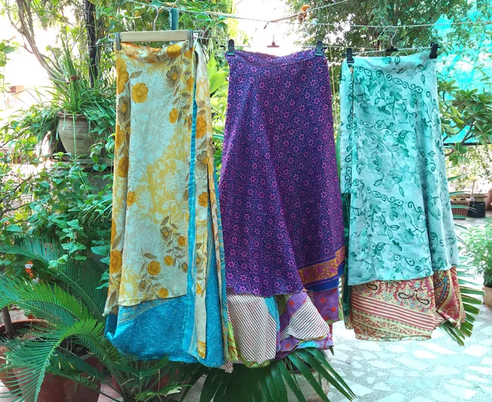 Indian Vintage Silk Double Layer Reversible Sarong Sari Magic Wrap Skirt