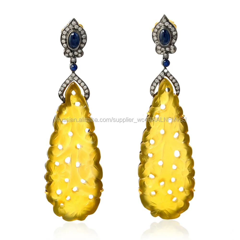 
 18 К Золото Серебро Pave Резьба Желтый Агат Голубой Сапфир Болтаются Серьги  