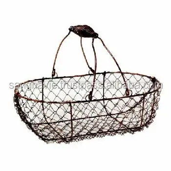 Wire Basket Kitchen Decorative Wood Handle Metal Wire Black Color Oval Shape Storage Basket Styles Design Iron Fruit Basket