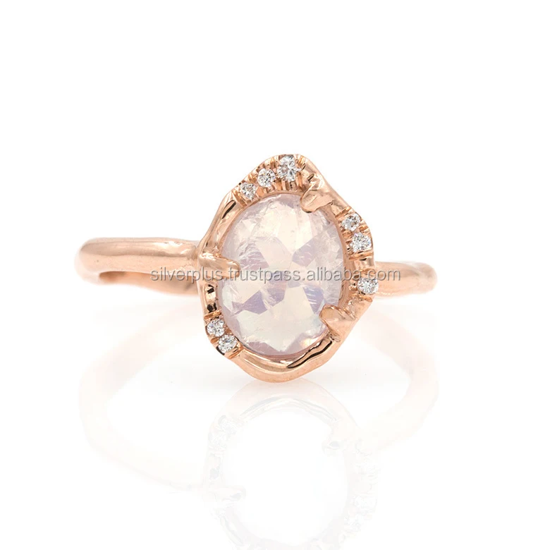 Natural Diamonds Moonstone Ring Solid 14K Yellow Gold Fine Jewelry !! Size 3 to 9