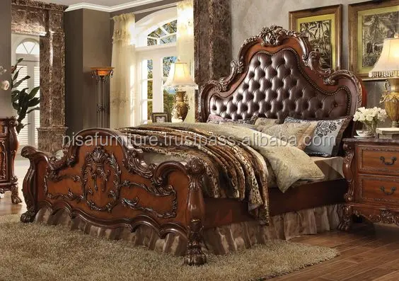 Luxury Solid Wood Bedroom Furniture Set Hand Carved French & Italian Style round Bed Mahogany Material