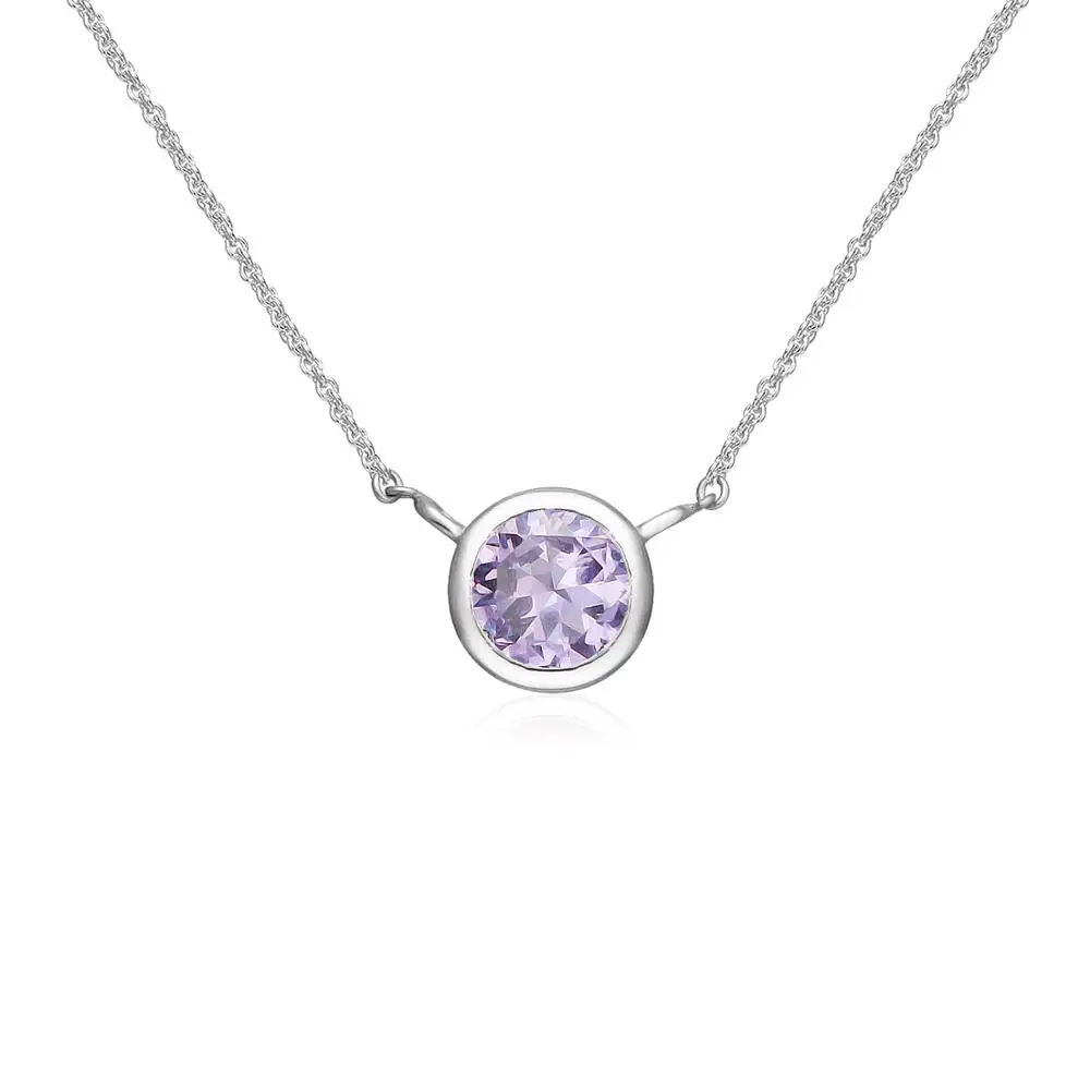 
925 Sterling Silver Amethyst Gemstone 6mm Round Solitaire Bezel-Set Dainty Choker Necklace 