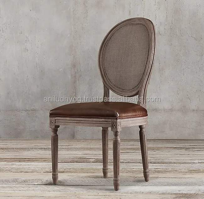 Vintage french round cane back leather seat chair
