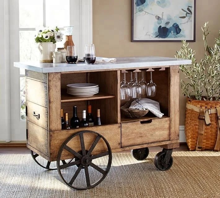 Industrial Mango Wood Bar Serving Trolley , Vintage Bar Drink Cart