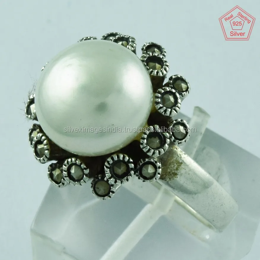 Designer 925 Sterling Silver Rings Wholesale Pearl & Marcasite Gemstone Jewellery 925 Stamped Rings