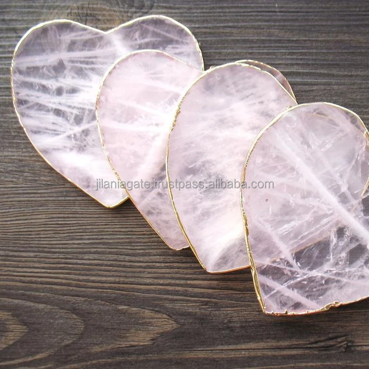 Wholesale Natural Stone Rose Quartz Agate Slices Gold Platted Table & Coaster Heart Pattern Chakra Style Hot Sale Items