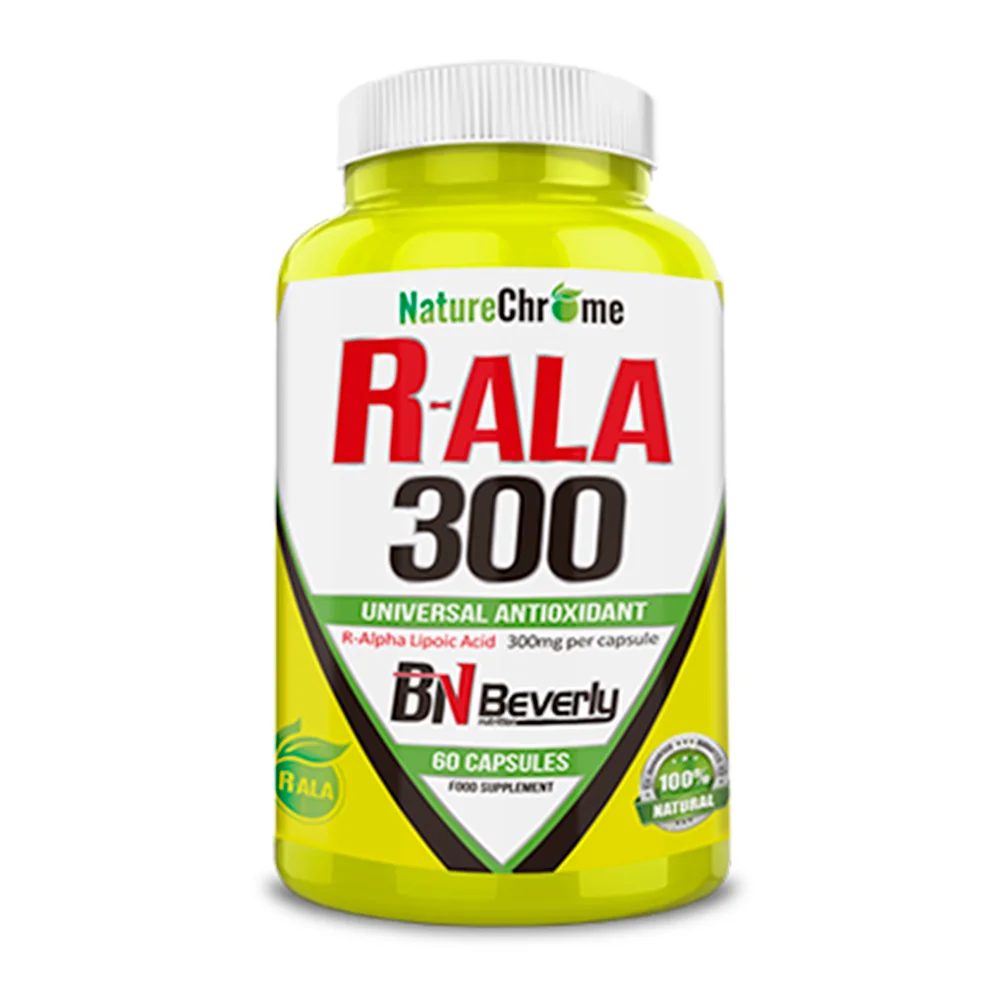 
R-ALA Alpha Lipoic Acid. High quality Antioxidant Supplement. Bottle with 60 vegetable caps. 