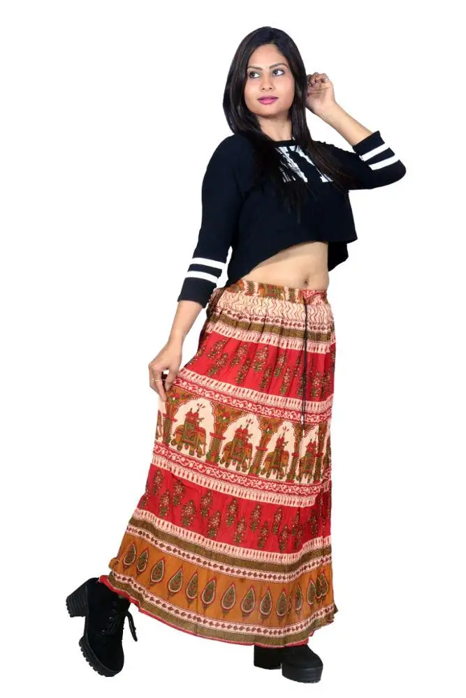 Fashionable long rayon crepe wrinkled skirt hand block printed skirt for women