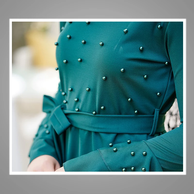 Turkish Style Muslim Long Dress With Dye Pearls Full Length Bell Sleeves Islamic Abaya